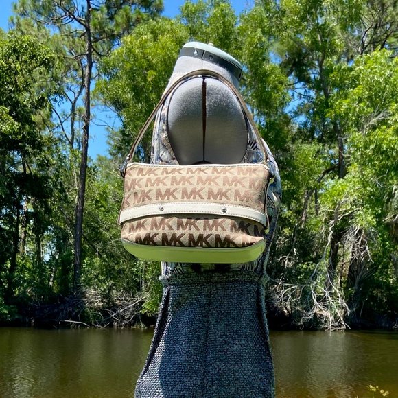 MK Michael Kors Jet Set Signature Logo Jacquard & Leather Demi Shoulder Bag Y2K - Picture 3 of 16